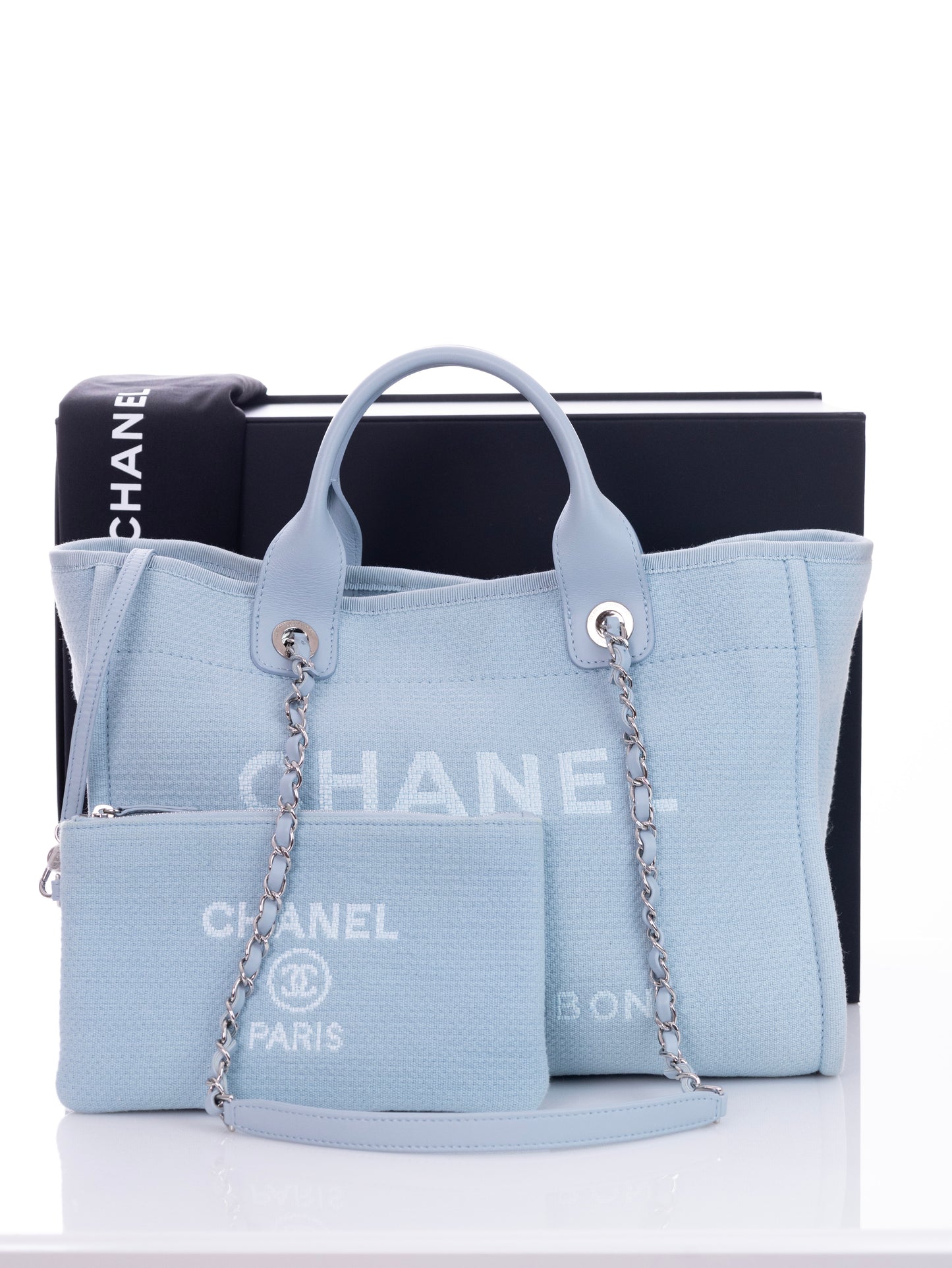 CHANEL DEAUVILLE Medium Size Shopper Babyblau mit Pochette - neues Modell