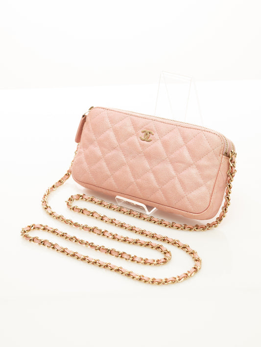 Chanel Double Zip Wallet on Chain WOC Iridescent Kalbsleder Rosa Timeless