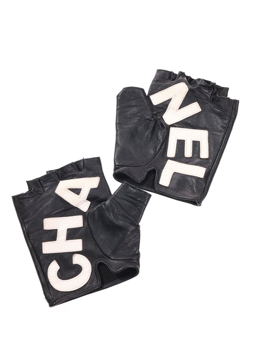 CHANEL Lederhandschuhe Gloves Gr 7,5 fingerlos Schwarz Weiß