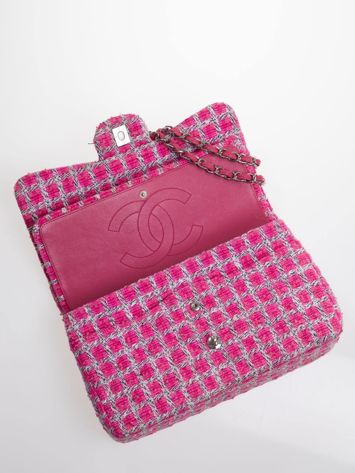 CHANEL Timeless Double Flapbag Tweed Pink Weiß